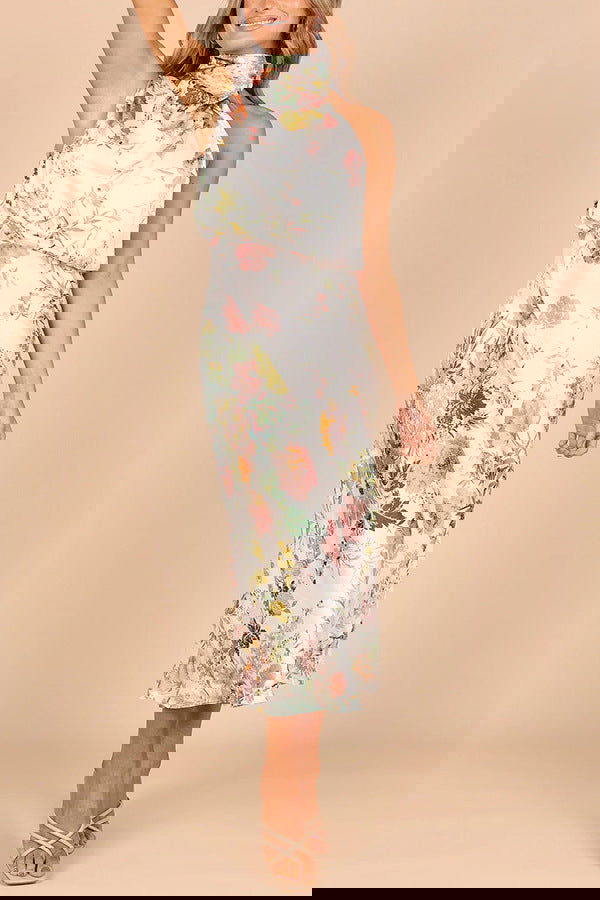 Mature Elegant Sleeveless Halter Printed Satin Dress