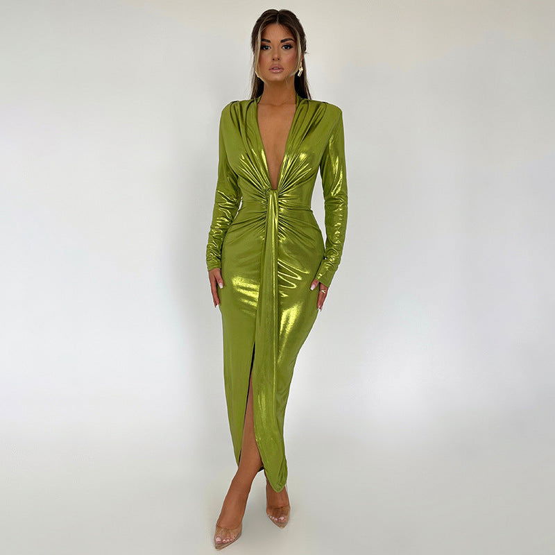Vestido de tela con revestimiento metálico, cuello en V brillante, manga larga, costuras, volantes, vestido de cuero a la cadera