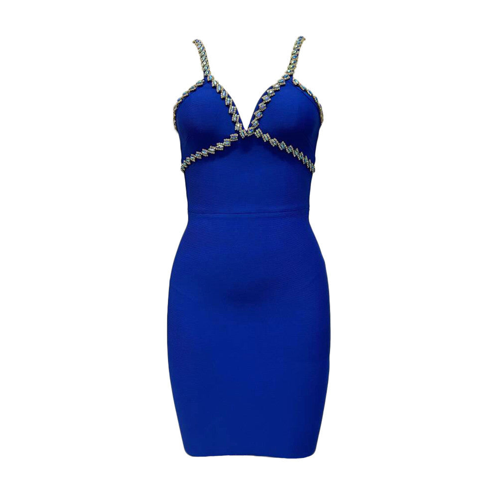 Sling Deep V Plunge Neck Sleeveless Diamond Bandage Dress Party Party Slim Slimming Dress
