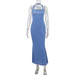 Vestido tubo elegante con cuello halter y escote halter, cintura adelgazante, de seda brillante, con cola de pez