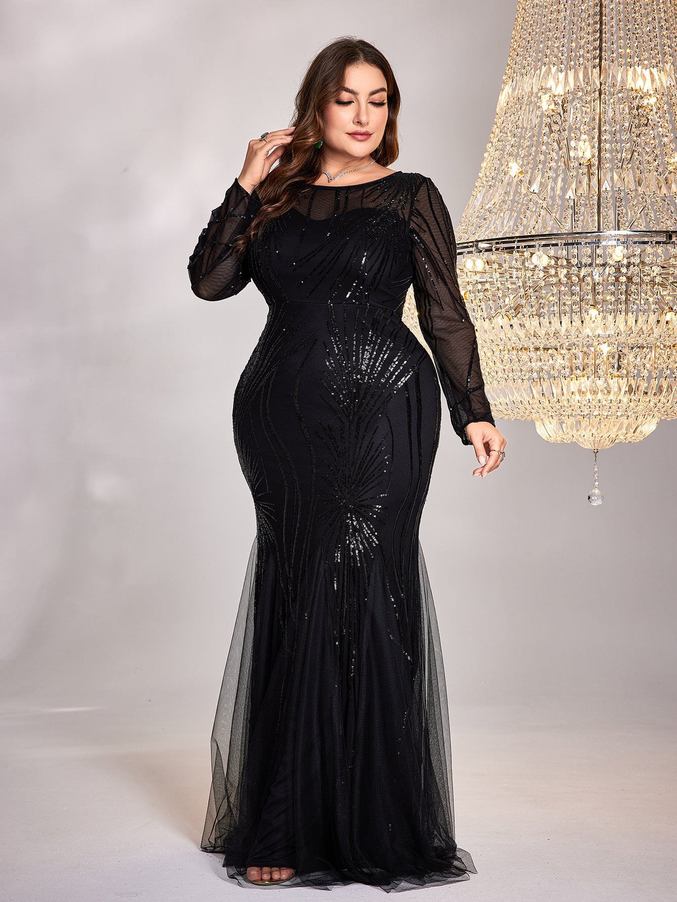 Vestido de talla grande, manga larga, cuello redondo, corte entallado, falda de cola de pez, vestido de dama de honor para cóctel de noche para brindar elegante