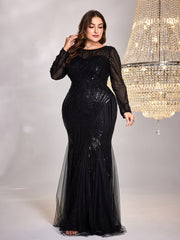 Vestido de talla grande, manga larga, cuello redondo, corte entallado, falda de cola de pez, vestido de dama de honor para cóctel de noche para brindar elegante
