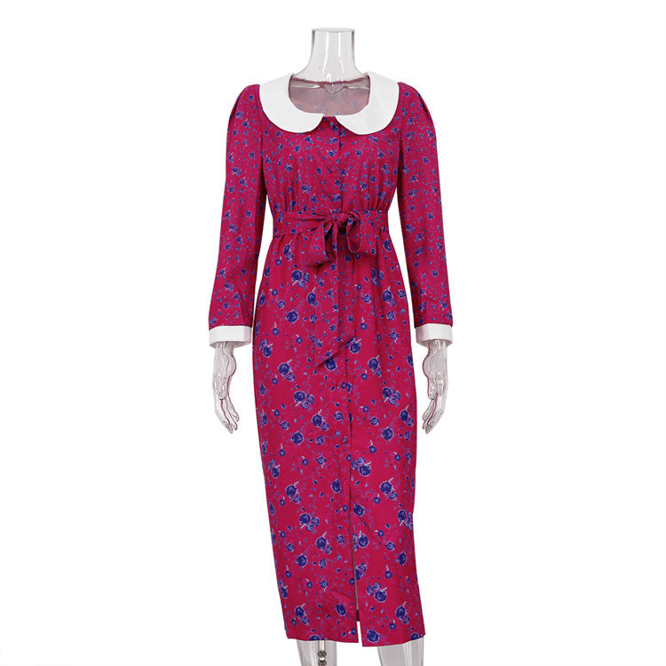 Elegant Printed Dress Three Quarter Sleeve Collared Split Waist Fitted Dress