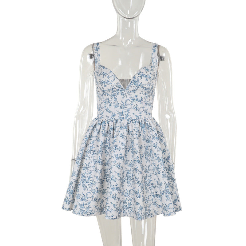 Floral Vintage Court A line Casual Sweet Slim Fit Hip Wrapped Short Dress