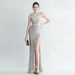 Heavy Industry Ostrich Hair Craft Bundle Hair Oblique Shoulder Side Slit High End Evening Dress