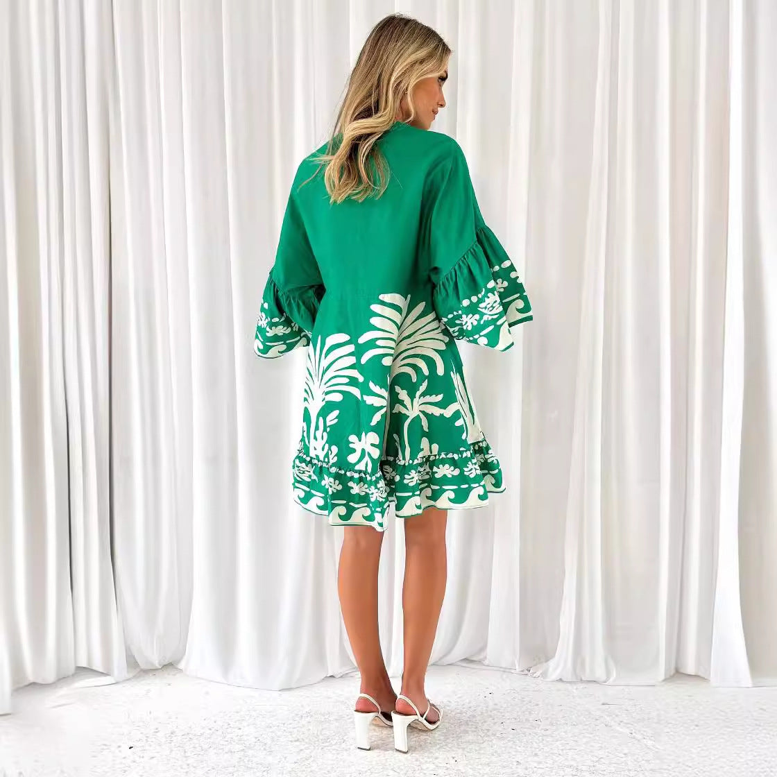 Casual Loose V neck Flared Sleeves Short