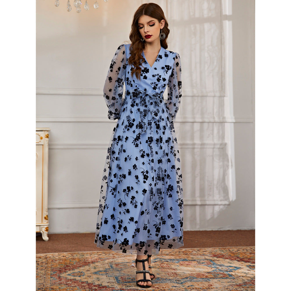 Casual V neck Long Sleeve High Waist Floral Print Long Lace Dress