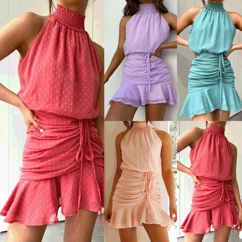 Fresh Sweet Drawstring Halter Chiffon Dress