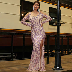 Vestido de cóctel elegante de manga larga con espalda descubierta y lentejuelas, escote en U, para dama de honor