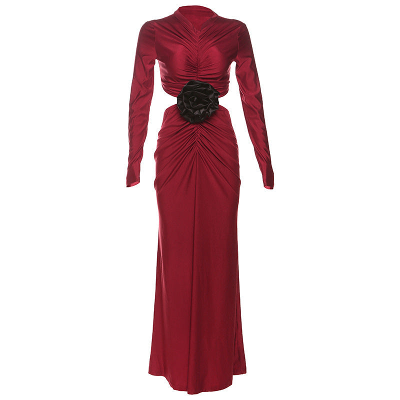 Dignified Floral Decorative Hollow Out Cutout Pleated Long Sleeve