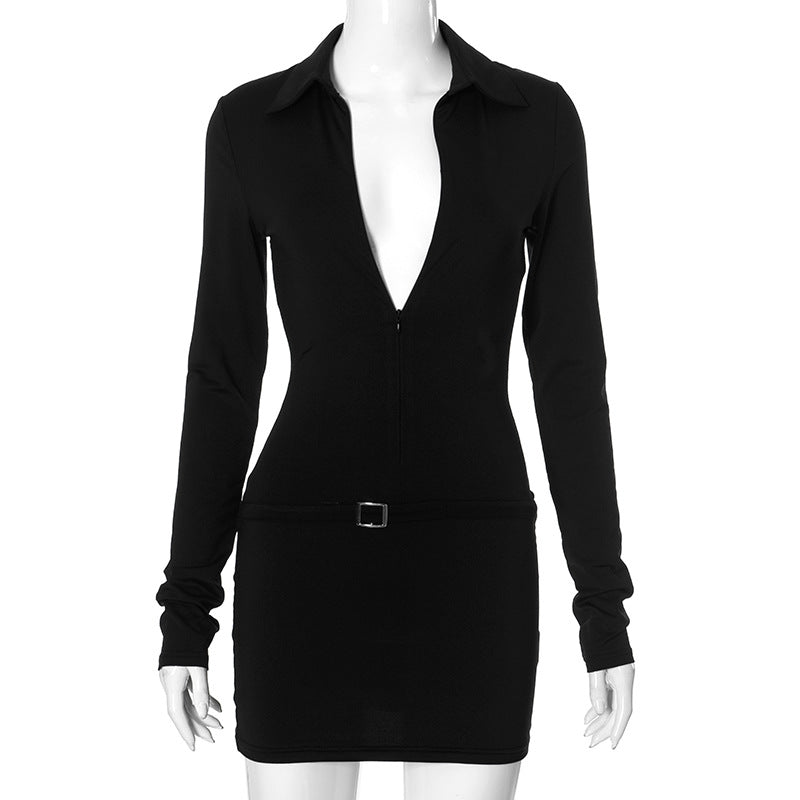 Collared Front Chest Zipper Metal Buckle Hip Wrapped Short Dress