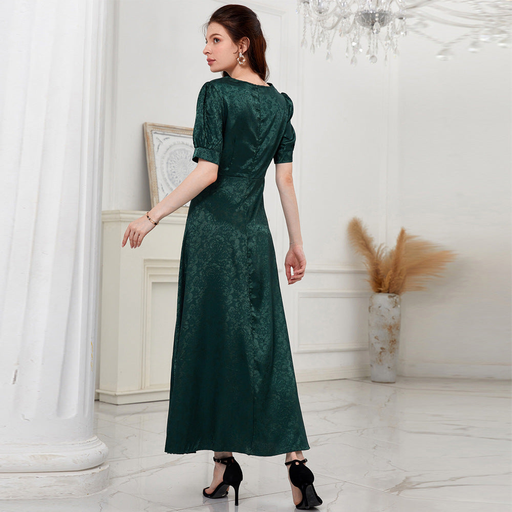 Casual High Waist Solid Color V neck Puff Sleeve Dress