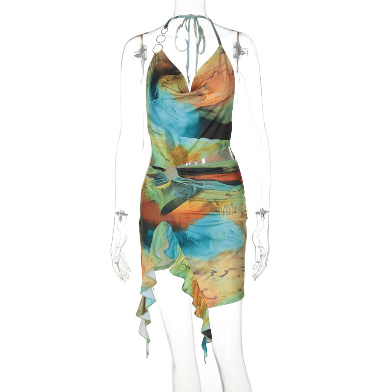 Vestido estampado con cordones y espalda descubierta