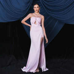 Vestido de cóctel elegante sin mangas con escote halter y abertura larga para dama de honor