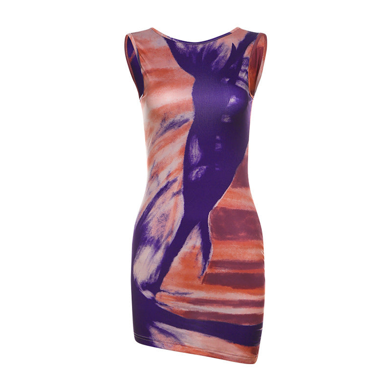 Vestido ajustado de otoño con cuello redondo, espalda descubierta y estampado
