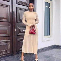 Elegant round Neck Long Sleeve Slim Fit Slimming Pleated Solid Color Maxi