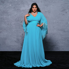 Vestido de noche largo cruzado con cuello en V y talla grande para cóctel, vestido de vuelo grande