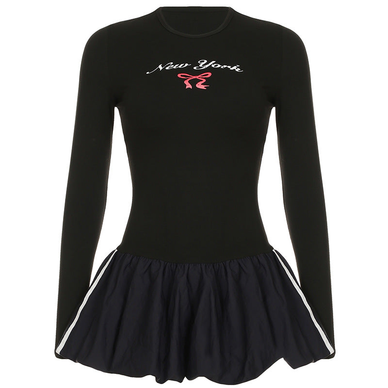 Street Sports Bud Short Dress Bow Printed Long-Sleeved Top Waist Tight A Line Dress