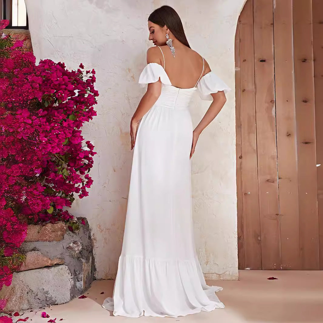 Off Shoulder White Maxi Dress Short Sleeve Prom Evening Dress Long Casual Holiday Dress