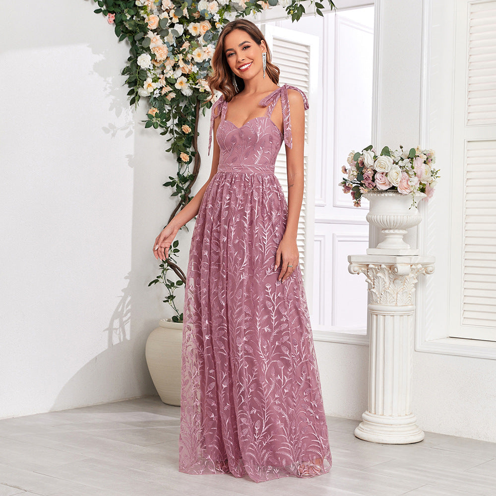 Vestido de noche para fiesta con escote en V atado, espalda en U, cremallera y dobladillo en A grande, forro completo