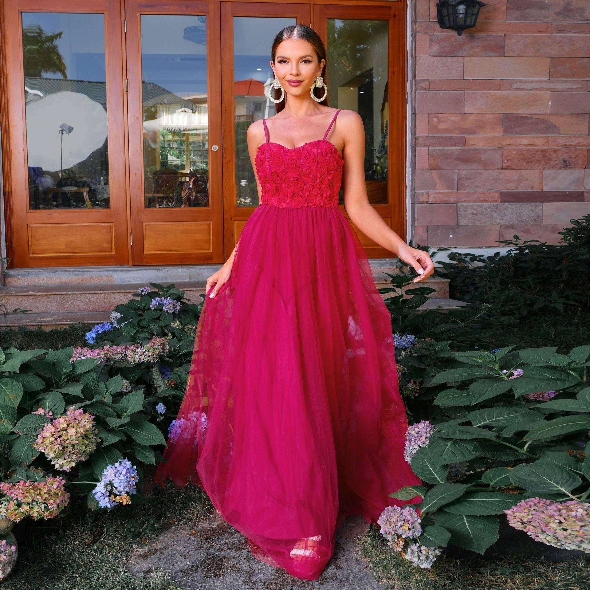 Vestido francés europeo con escote halter, costuras de malla, informal, para fiesta y noche