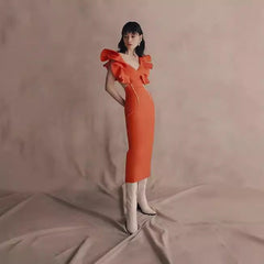Elegante vestido midi de vendaje retro naranja de alta gama