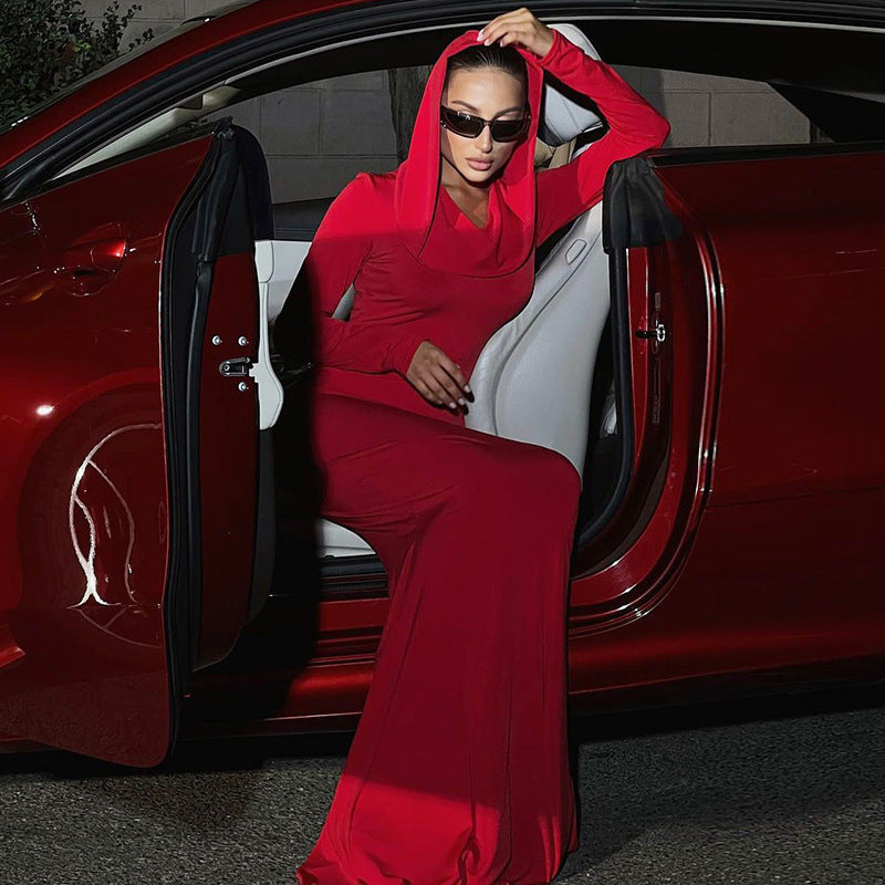 Solid Color Slim Fit Hood Long Sleeve Dress