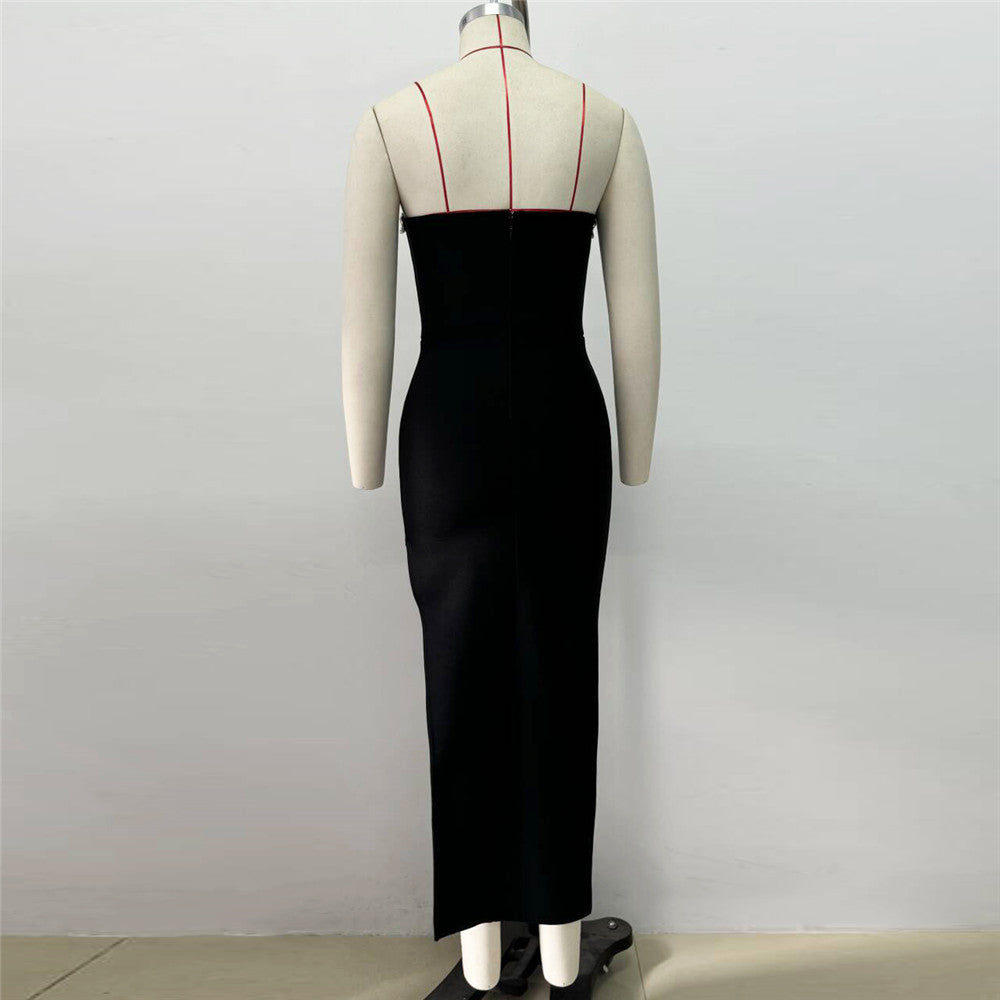 Fall Tube Top Diamond Bandage Dress Side Split Hip Wrapped Dress Dress