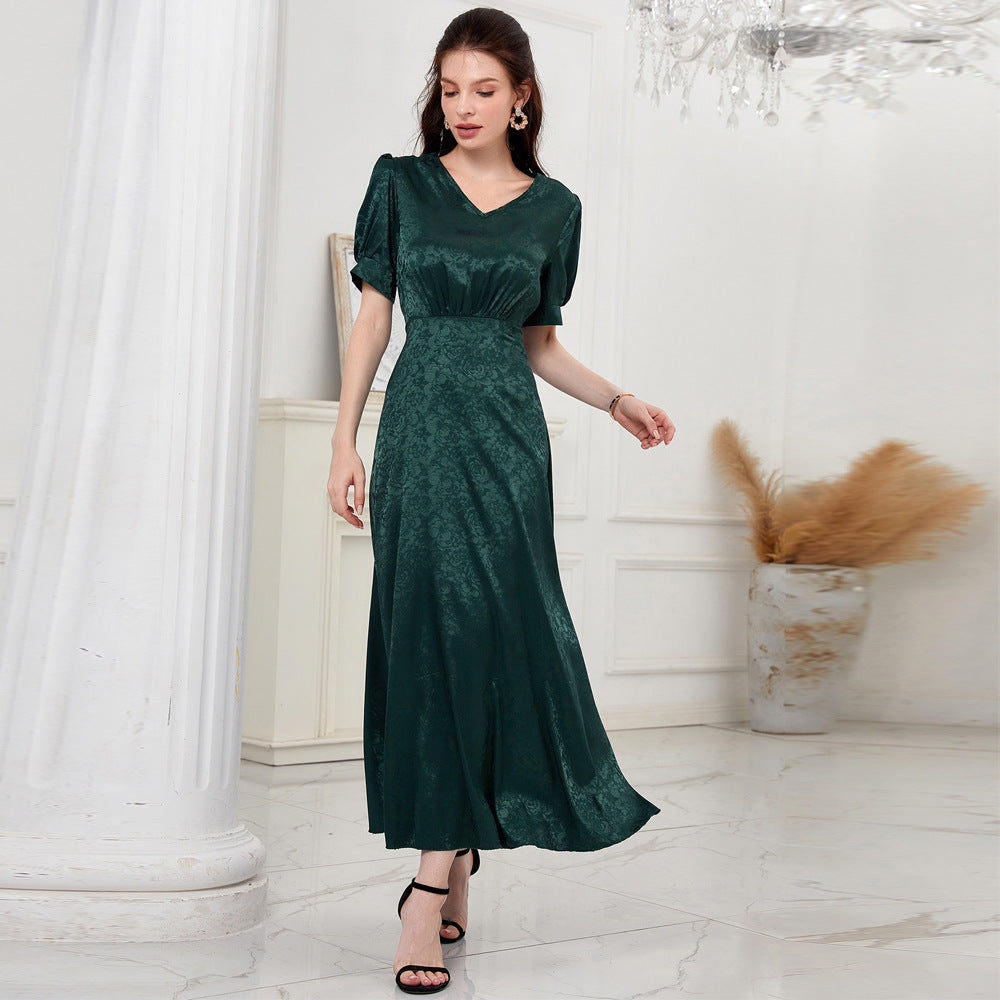 Casual High Waist Solid Color V neck Puff Sleeve Dress