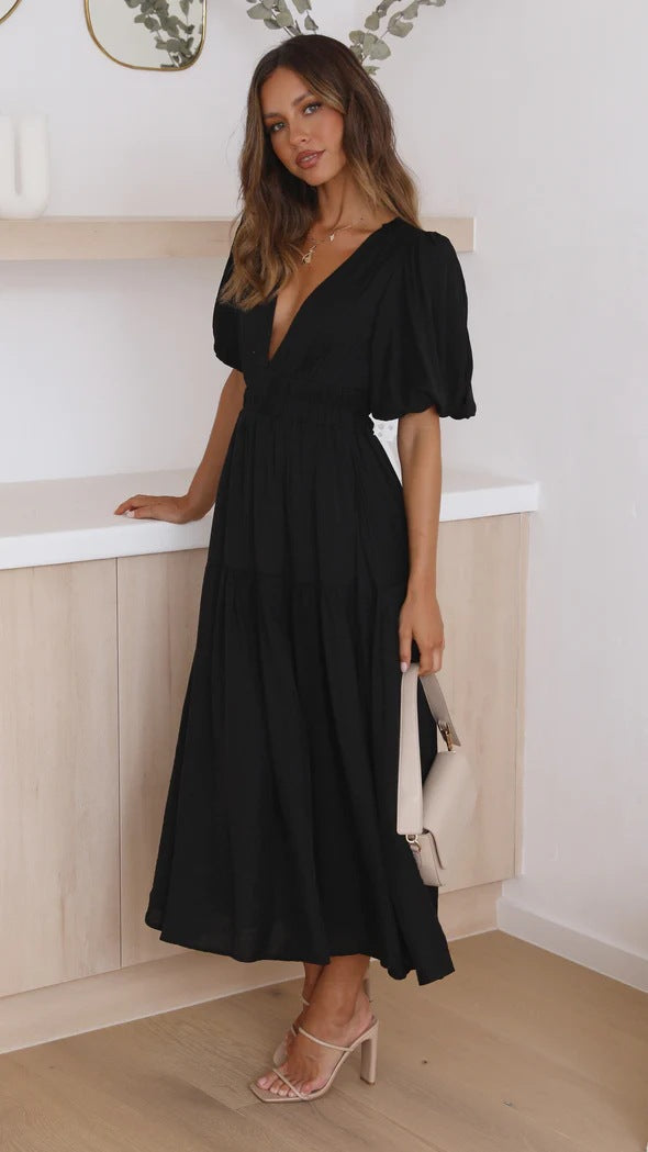 Casual Trends V neck Tight Waist Mid Length Dress