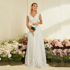 Lace Evening Dress V neck Slim Fit White Dress A line Adult Lady like Woman