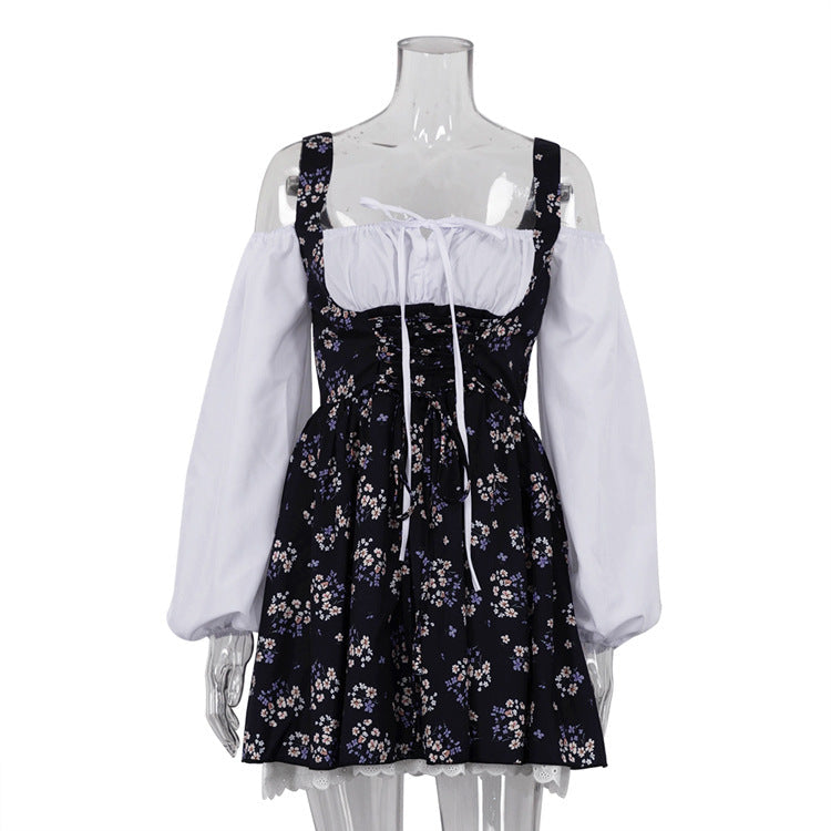 Bubble Sleeve Strap Tube Top Faux Two Piece French Dress Floral Cami Dress
