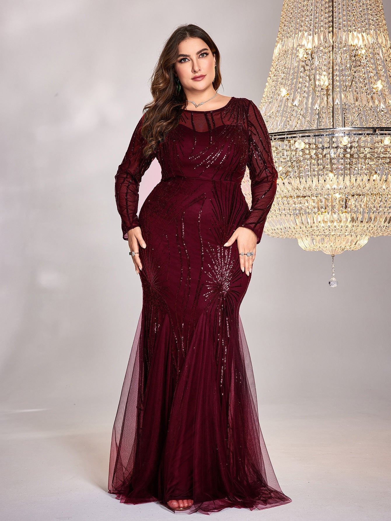 Vestido de talla grande, manga larga, cuello redondo, corte entallado, falda de cola de pez, vestido de dama de honor para cóctel de noche para brindar elegante