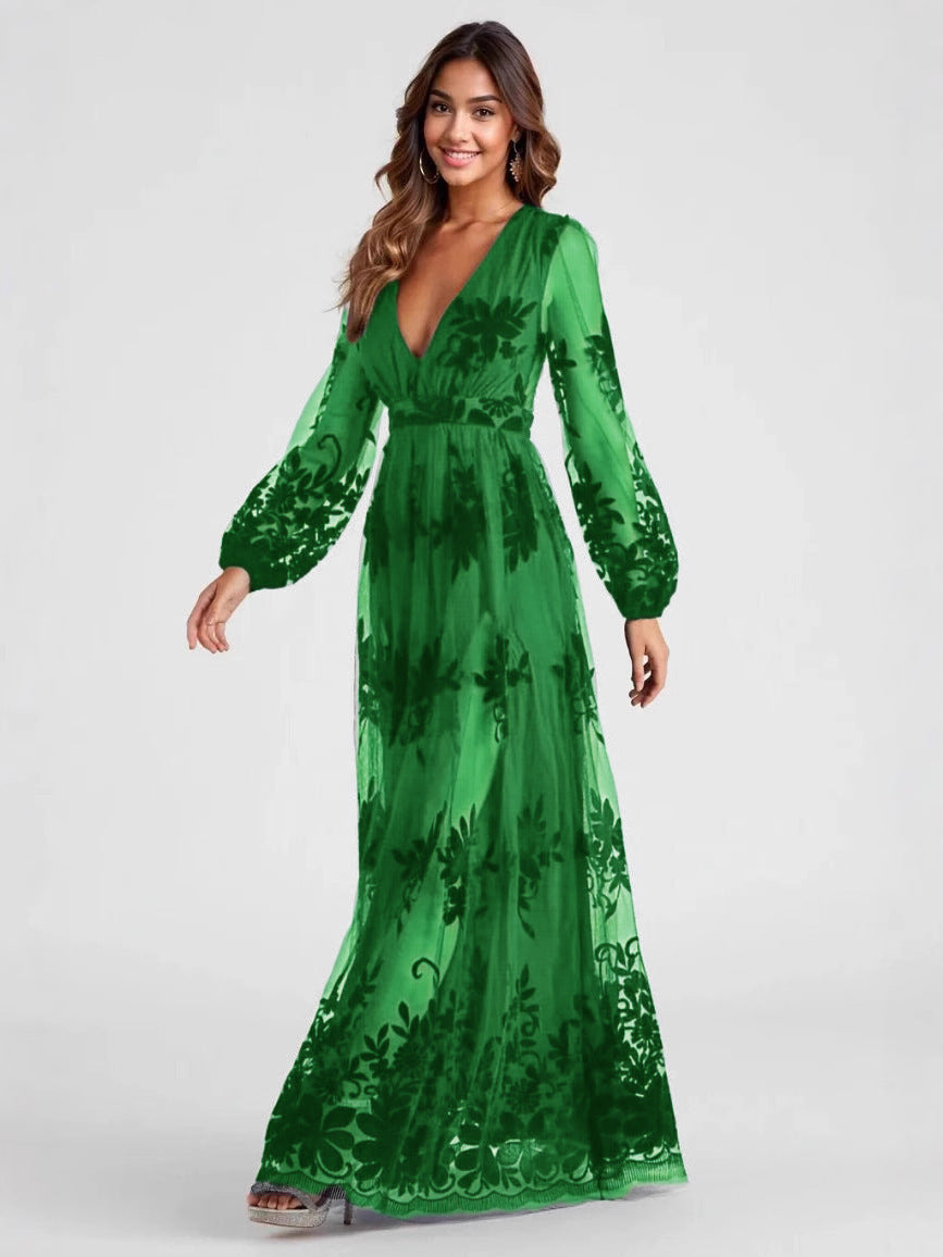 Maxi Dress High Split Ladies Long Sleeves Evening Dress