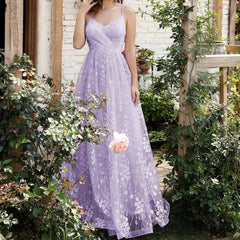 V neck Strap Evening Dress Mesh Embroidered Backless Elegant Evening Dress Dance Dress Party Dress Bridesmaid Dress