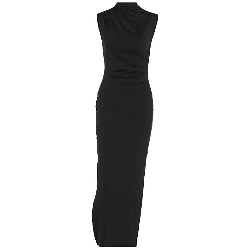 Vestido largo ajustado sin mangas con cintura alta y abertura en color liso