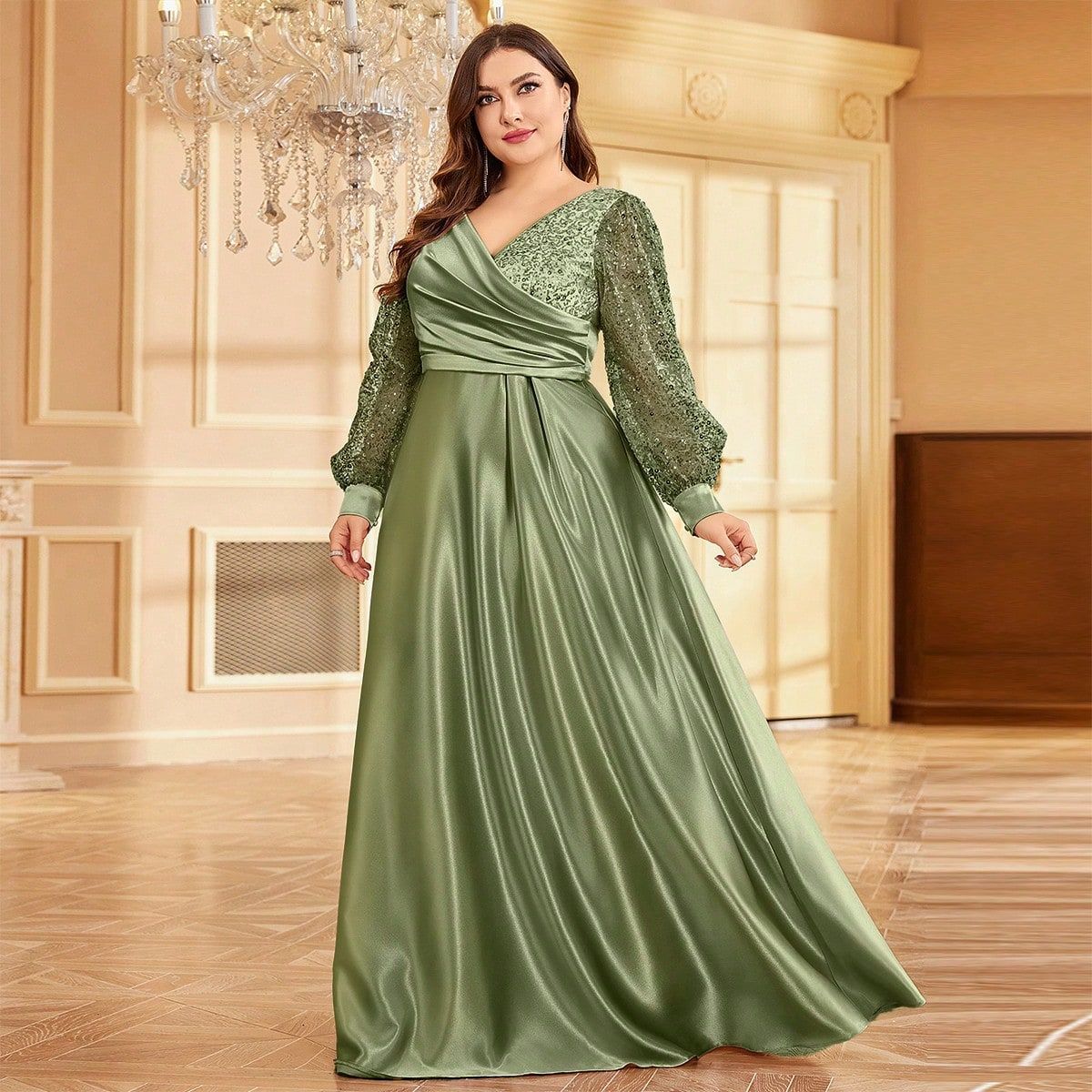 Vestido de satén de talla grande con cuello en V y manga larga, ajustado, maxivestido de lentejuelas para cóctel o noche