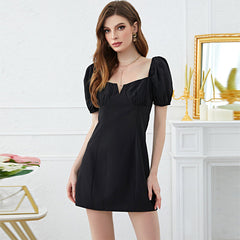 Solid Color Square Collar Puff Sleeve Dress