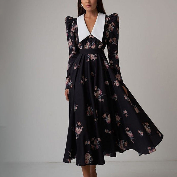 Early Retro Printed Large Swing Dress Waist Controlled Slim Fit Maxi Dress