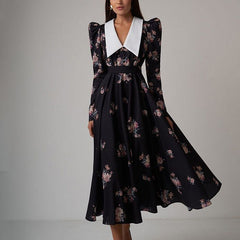 Early Retro Printed Large Swing Dress Waist Controlled Slim Fit Maxi Dress