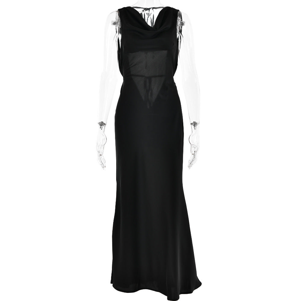 Cocktail Evening Dress Sling Swing Collar Dress Backless Lace Up Maxi Dress