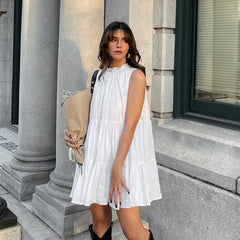 Vestido elegante blanco que combina con todo, cuello redondo, lazo, cordones, elegante, suelto, corto