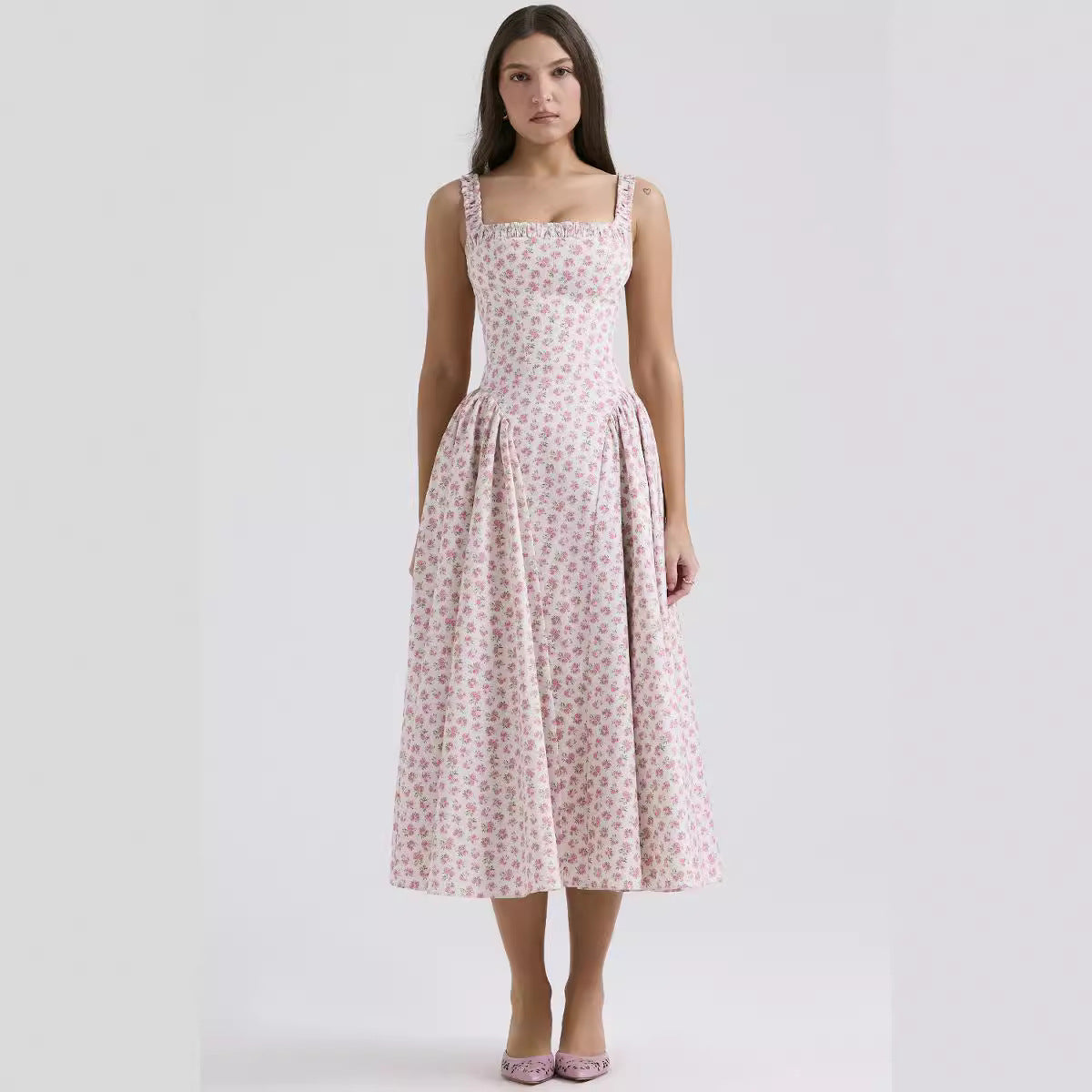 Vestido de fiesta bohemio floral, ajustado, ajustado, sin espalda, largo medio