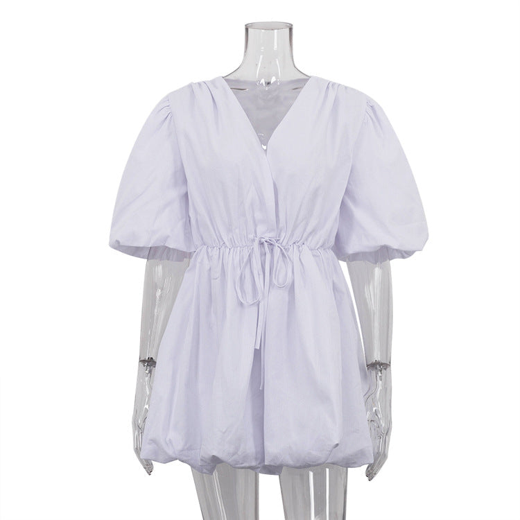 Lace up Waist Tight Sweet Balloon V neck Puff Sleeve White Dress