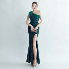 High Density Lamination Sequin Craft Order Ostrich Hair Beaded Oblique Shoulder High End Evening Dress