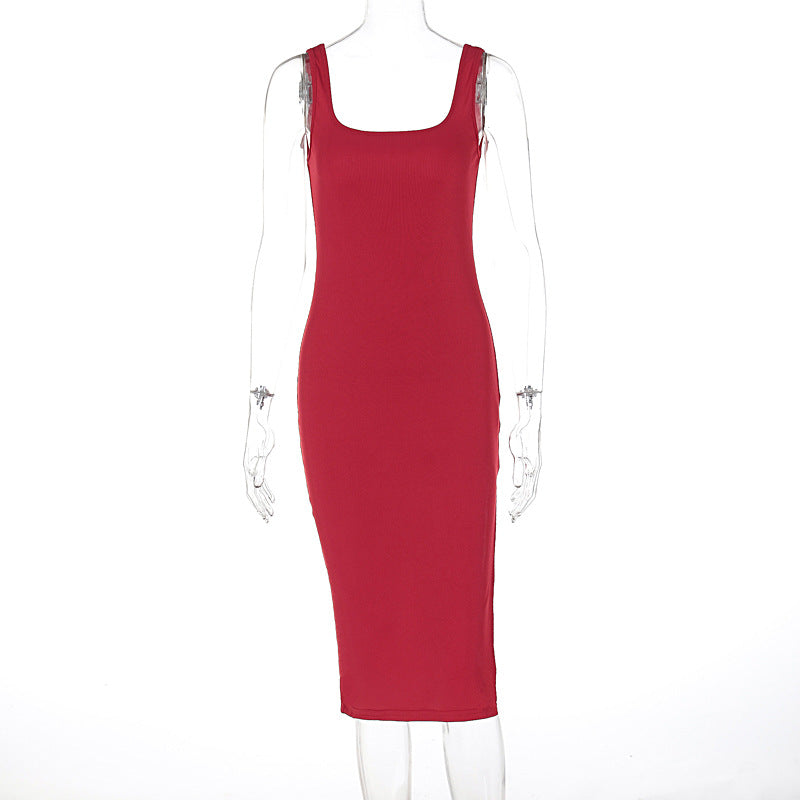 Solid Color Slim Fit Slit Square Collar Hip Bag Cami Dress