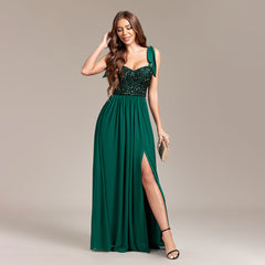Sequined Stitching Chiffon High Slit Party Birthday Evening Gown Tied Strap Backless Prom a Swing Dress
