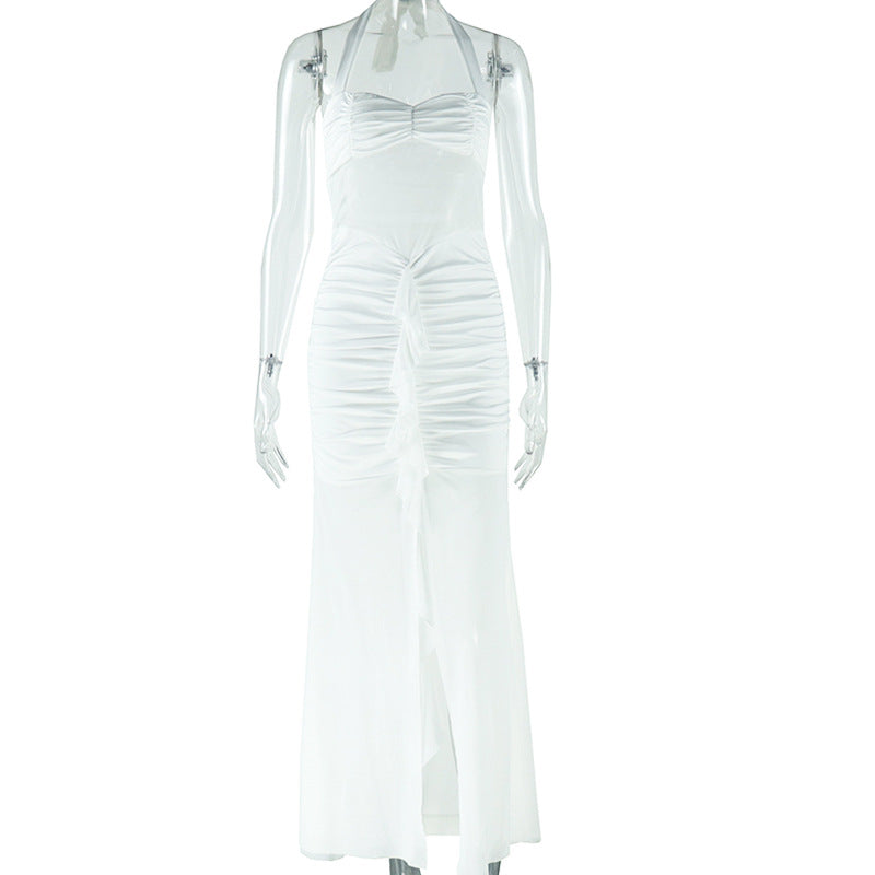 Solid Color Dress Halter Sleeveless Lace up Backless Dress Trendy