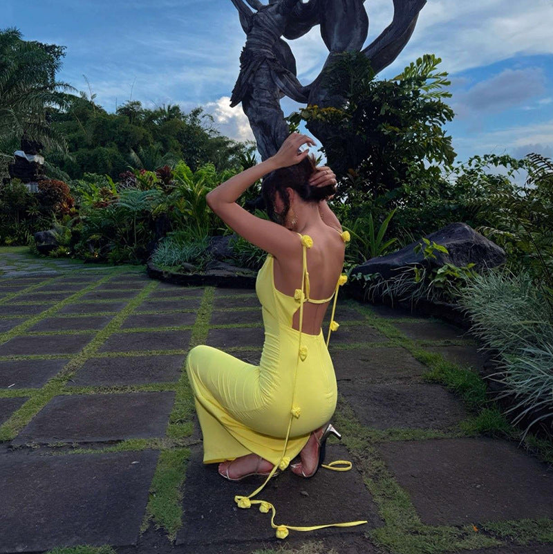 Backless Strap 3D Flower Suspender Long Dress