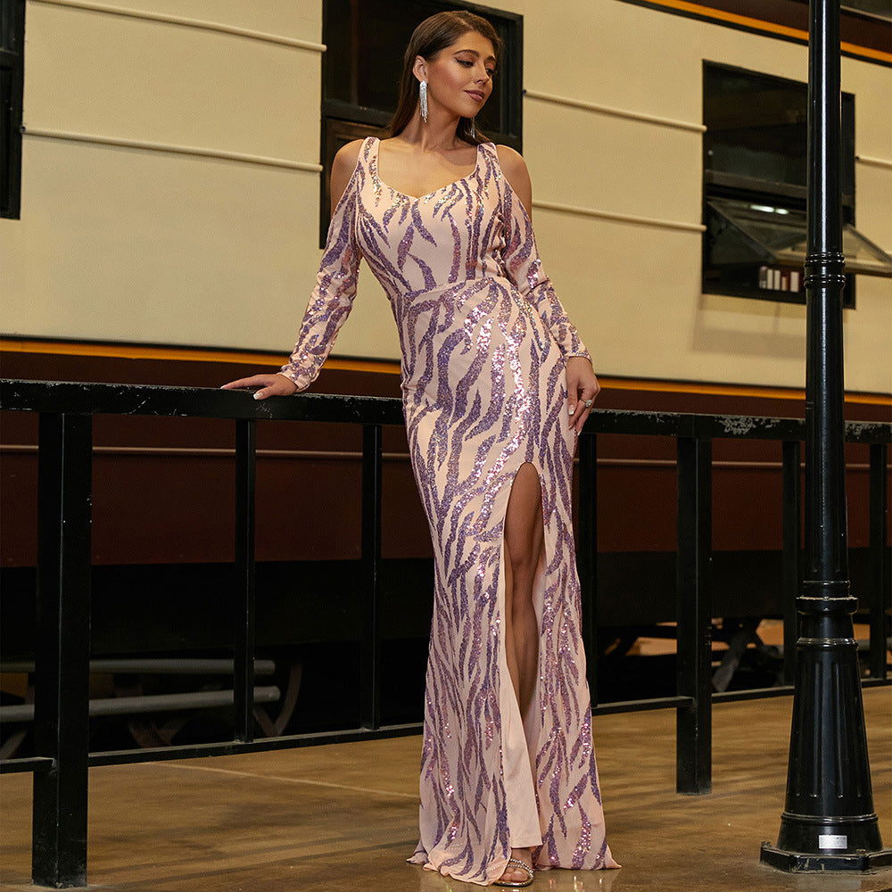 Vestido de cóctel elegante de manga larga con espalda descubierta y lentejuelas, escote en U, para dama de honor